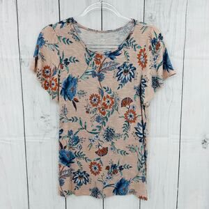 LOFT XS Outlet Pink Floral Tee Shirt stretchy boho cap sleeve